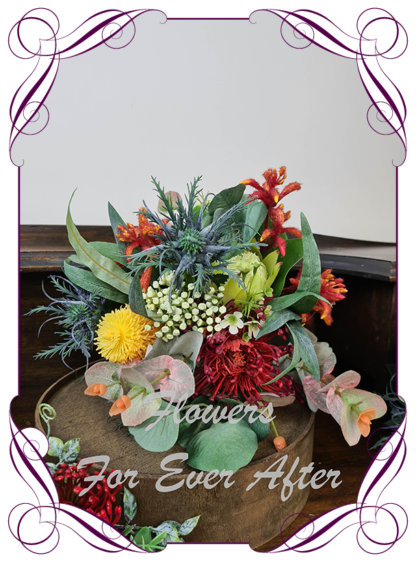 Realistic silk artificial fake flower rustic native Australian bridesmaid posy. Banksia, protea, kangaroo paw, gum leaves .Made in Melbourne. Shipping world wide. Buy online