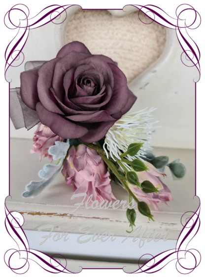 Silk artificial purple pink and white ladies corsage for wedding, formal, prom. Mother of the bride groom flowers. Made in Melbourne. Buy online
