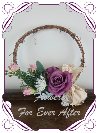 Silk artificial purple pink and white flower girl loop for weddings. Rustic style with burlap and lace. Made in Melbourne. Buy online