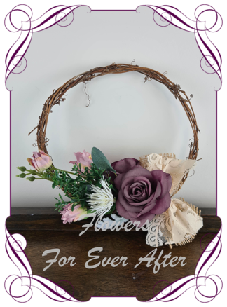 Silk artificial purple pink and white flower girl loop for weddings. Rustic style with burlap and lace. Made in Melbourne. Buy online