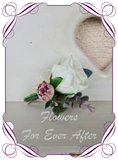 Silk artificial pink and white mens boutonniere for formal, prom, weddings. Groom, groomsman, father of the bride groom, gents button flower. Rustic style. Made in Melbourne. Buy online