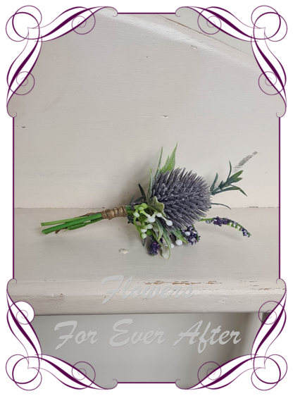 silk artificial lavender purple thistle in a whimsical rustic meadow style for a formal / deb / prom / Scottish wedding gents grooms button boutonniere . Shipping world wide. Made in Melbourne Australia.