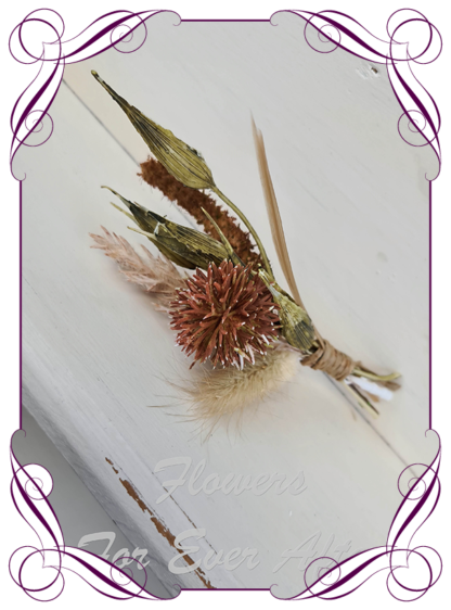 silk artificial gents mens button grooms groomsmans boutonierre for wedding and formal / prom. Rust and burgundy boho pampas wild flowers.. Made in Melbourne Australia. Buy online, shipping world wide.