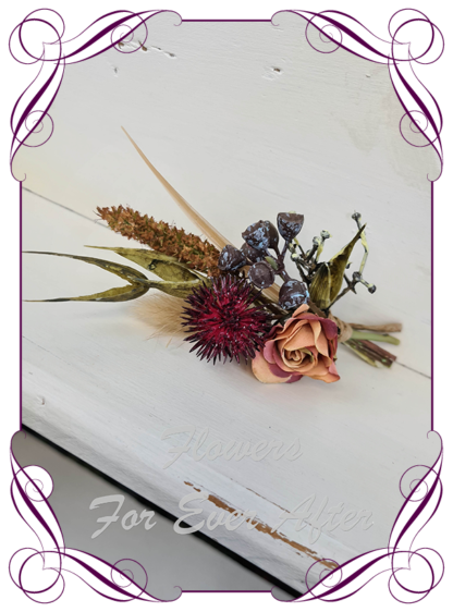 silk artificial gents mens button grooms groomsmans boutonierre for wedding and formal / prom. Rust and burgundy boho pampas wild flowers.. Made in Melbourne Australia. Buy online, shipping world wide.