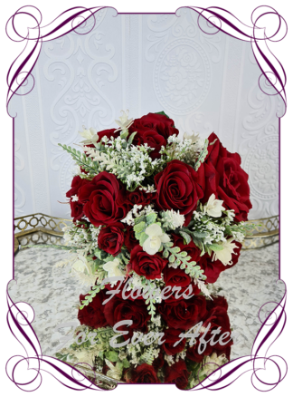 Silk artificial romantic dark red and white soft look posy bridal wedding bouquet. Roses, peonies, baby's breath. Romantic elegant wedding flowers. Made in Melbourne Australia. Buy online, post worldwide.