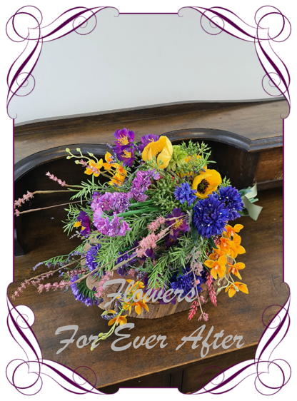 Silk artificial bridal posy, purple yellow orange, pink, colourful colorful vibrant wedding flowers bridal bouquet package set. Bright meadow flowers, cottage garden flowers, poppies, cornflowers, orchids, stattice, heather, berries. Made in Melbourne Australia by Australia's best silk florist. Buy online. Shipping worldwide