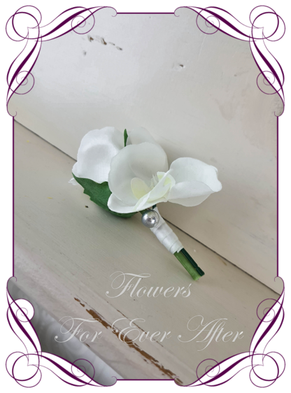 silk artificial gents mens button grooms groomsmans boutonniere for wedding and formal / prom. White rose and orchid. Made in Melbourne Australia. Buy online, shipping world wide.