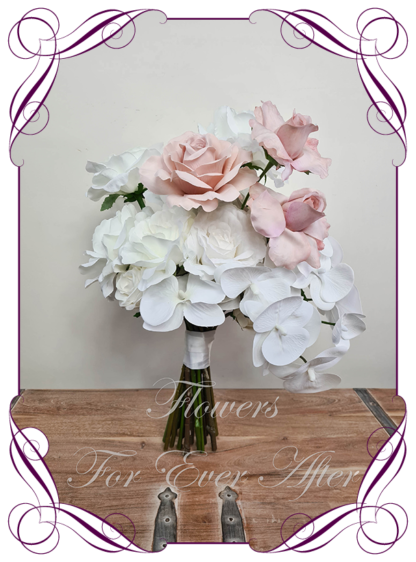 Realistic silk artificial fake flower romantic blush pink and white roses and orchids boho bridal bouquet package set. white roses, blush pink reflex roses and moth orchids. Unique unusual bridal florals. .Made in Melbourne. Shipping world wide. Buy online
