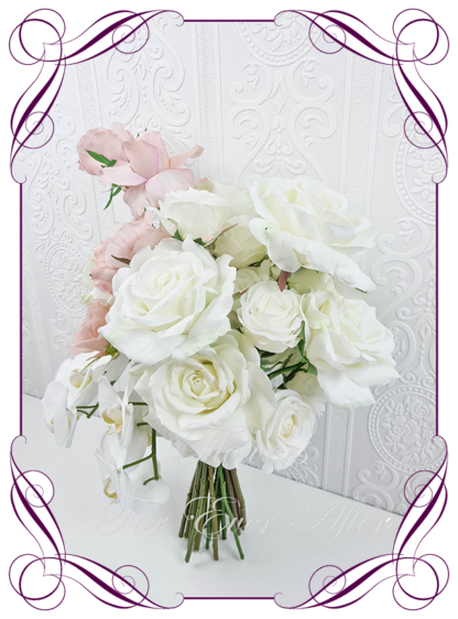 Realistic silk artificial fake flower romantic blush pink and white roses and orchids boho bridal bouquet package set. white roses, blush pink reflex roses and moth orchids. Unique unusual bridal florals. .Made in Melbourne. Shipping world wide. Buy online