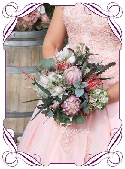 Realistic silk artificial fake flower rustic native Australian bridal bouquet package set. Blue gum with dark pink and blush pink protea Australian native banksia flowers. Unique unusual bridal florals. .Made in Melbourne. Shipping world wide. Buy online