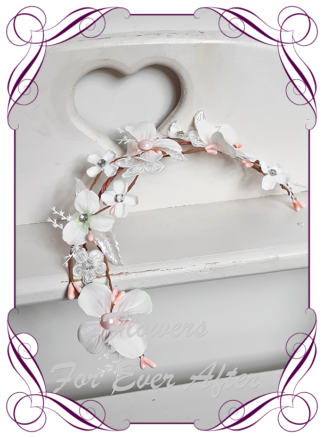 Silk artificial blush pink and white with pearls and bling crystals floral hair crown halo. Ideal for wedding, Communion, Confirmation hair decoration. Made in Melbourne Australia. Buy online. Ships worldwide.