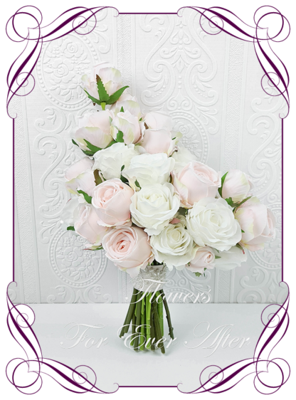 Realistic silk artificial fake flower romantic blush pink and white rose bridal bouquet package set. white roses, blush pink roses. Unique unusual bridal florals. .Made in Melbourne. Shipping world wide. Buy online
