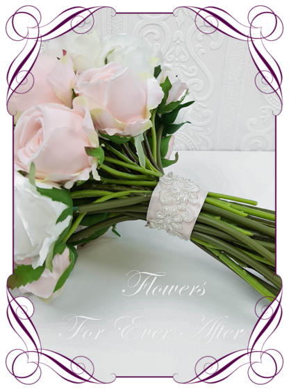 Realistic silk artificial fake flower romantic blush pink and white rose bridal bouquet package set. white roses, blush pink roses. Unique unusual bridal florals. .Made in Melbourne. Shipping world wide. Buy online