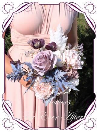 Silk artificial bridal wedding flowers unusual unique blush, dusty grey blue, mauve, dusty pink, pampas boho moody wedding flowers bridal or bridesmaids bouquet. Wild flowers, roses, pepper berry, peonies, poppies. Made in Melbourne Australia by Australia's best silk bridal bouquet florist.