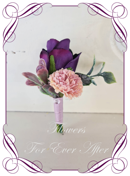 silk artificial gents mens button grooms groomsmans page boy boutonniere for wedding and formal / prom. Purple rose and dusty pink. Made in Melbourne Australia. Buy online, shipping world wide.