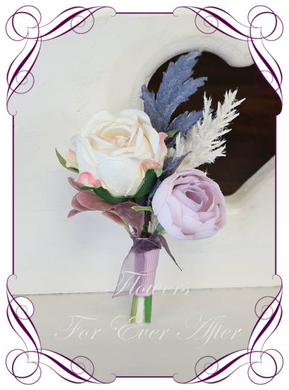 silk artificial gents mens button grooms groomsmans page boy boutonniere for wedding and formal / prom. Cream rose, dusty blue, mauve, pampas, and dusty pink. Made in Melbourne Australia. Buy online, shipping world wide.