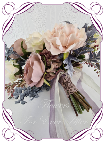 Silk artificial bridal wedding flowers unusual unique blush, dusty grey blue, mauve, dusty pink, pampas boho moody wedding flowers bridal or bridesmaids bouquet. Wild flowers, roses, pepper berry, peonies, poppies. Made in Melbourne Australia by Australia's best silk bridal bouquet florist.