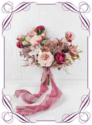 Realistic silk artificial fake flower romantic blush burgundy white and gold bridal bouquet package set. Dark pink and blush pink peonies roses David Austin roses, poppies and hydrangea flowers. Unique unusual bridal florals. .Made in Melbourne. Shipping world wide. Buy online