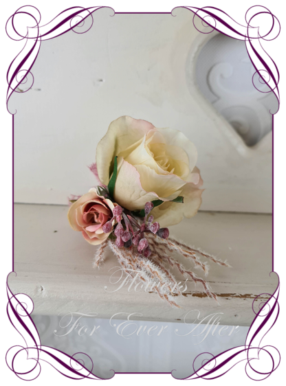 Silk artificial pampas dusty pink and champagne cream rose groom / groomsman / gents wedding button boutonniere for wedding formal prom. Buy online. Made in Melbourne