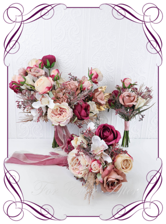 Realistic silk artificial fake flower romantic blush burgundy white and gold bridal bouquet package set. Dark pink and blush pink peonies roses David Austin roses, poppies and hydrangea flowers. Unique unusual bridal florals. .Made in Melbourne. Shipping world wide. Buy online