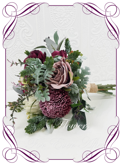 Silk artificial protea blush mauve and purple moody Australian native wedding flowers bridal or bridesmaids bouquet. King protea, roses, burgundy banksia, blue gum, eucalypt. Made in Melbourne Australia by Australia's best silk florist.