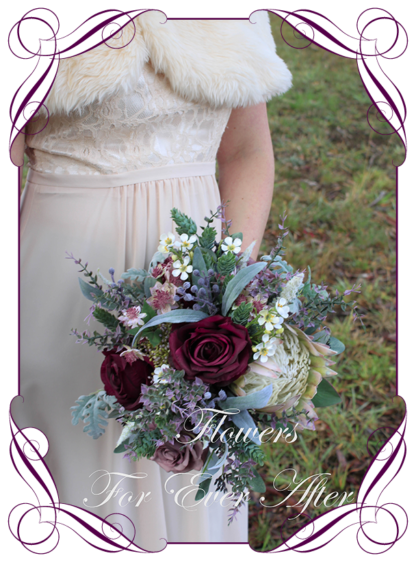 Silk artificial protea blush mauve and purple moody Australian native wedding flowers bridal or bridesmaids bouquet. King protea, roses, burgundy banksia, blue gum, eucalypt. Made in Melbourne Australia by Australia's best silk florist.