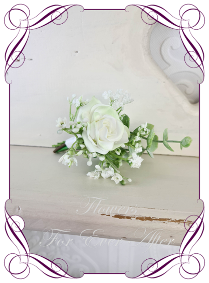 silk artificial gents mens button grooms groomsmans boutonniere for wedding and formal / prom. White rose and baby's breath. . Made in Melbourne Australia. Buy online, shipping world wide.