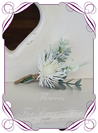 silk artificial gents mens button grooms groomsmans page boy boutonniere for wedding and formal / prom. White native Australian silk flowers, blue gum and silver miller. Made in Melbourne Australia. Buy online, shipping world wide.