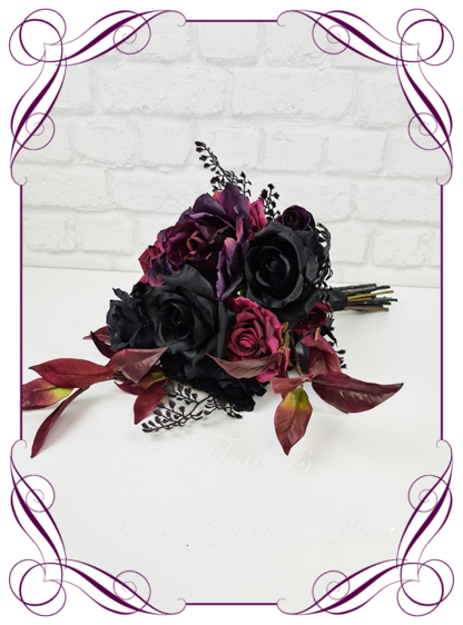 Silk artificial bridal posy, dark purple burgundy and black moody gothic wedding flowers bridal bouquet package set. Dark moody goth theme bridal flowers with Australian natives flowers and roses in an unusual Gothic design. Made in Melbourne Australia by Australia's best silk florist. Buy online. Shipping worldwide