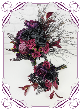 Silk artificial bridal posy, dark purple burgundy and black moody gothic wedding flowers bridal bouquet package set. Dark moody goth theme bridal flowers with Australian natives flowers and roses in an unusual Gothic design. Made in Melbourne Australia by Australia's best silk florist. Buy online. Shipping worldwide