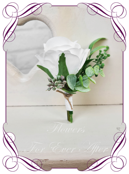 silk artificial gents mens button grooms groomsmans page boy boutonniere for wedding and formal / prom. White classic elegant rose silk flowers, with Australian native gum leaf foliage and seed design. Made in Melbourne Australia. Buy online, shipping world wide.