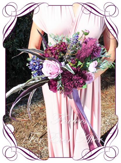 Silk artificial floral plum purple, lilac, and pink cascade bridal wedding bouquet. Roses, dahlia, lilacs. Romantic elegant wedding flowers. Large unique bridal posy. Made in Melbourne Australia. Buy online, post worldwide.