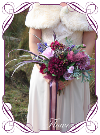 Silk artificial floral plum purple, lilac, and pink cascade bridal wedding bouquet. Roses, dahlia, lilacs. Romantic elegant wedding flowers. Large unique bridal posy. Made in Melbourne Australia. Buy online, post worldwide.