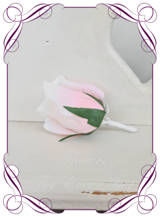 silk artificial gents mens button grooms groomsmans page boy boutonniere for wedding and formal / prom. Blush pink classic elegant rose silk flowers, plain rose design. Made in Melbourne Australia. Buy online, shipping world wide.
