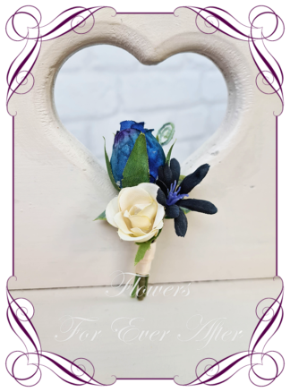 silk artificial gents mens button grooms groomsmans page boy boutonniere for wedding and formal / prom. Navy blue and cream classic elegant rose silk flowers. Made in Melbourne Australia. Buy online, shipping world wide.