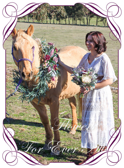 Silk artificial horse garland decoration florals. Native Australian gum and protea horse decoration. Weddings and special events. Made in Melbourne. Shipping worldwide.