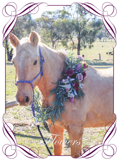 Silk artificial horse garland decoration florals. Native Australian gum and protea horse decoration. Weddings and special events. Made in Melbourne. Shipping worldwide.