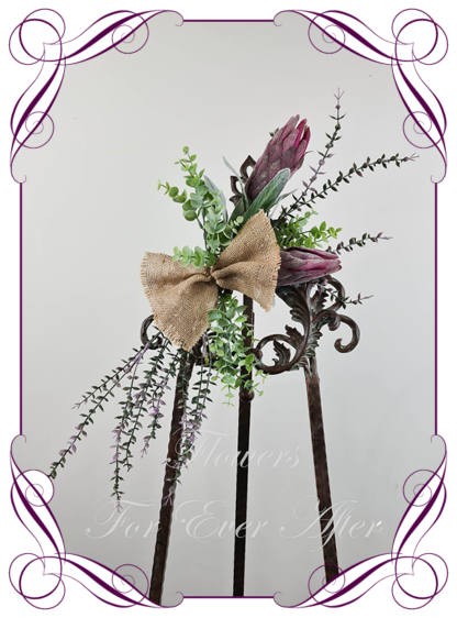 Realistic silk artificial fake flower rustic native Australian dark pink protea, gum leaves sign decoration board florals arch decoration wedding decor. Made in Melbourne. Shipping world wide. Buy online