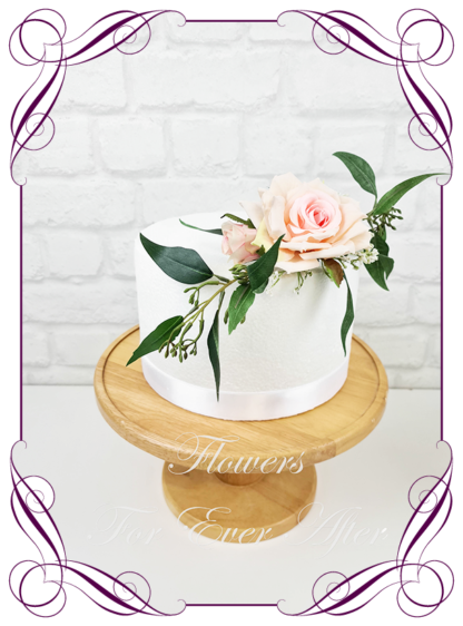 Silk artificial rustic boho pink roses baby's breath and gum leaves wedding engagement cake topper decoration. Made in Melbourne Australia by Australia's best silk florist.