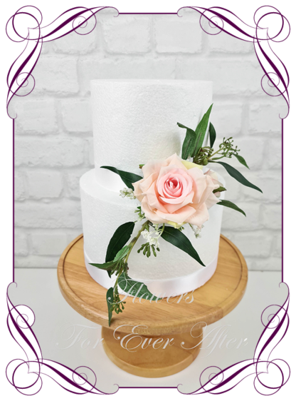 Silk artificial rustic boho pink roses baby's breath and gum leaves wedding engagement cake topper decoration. Made in Melbourne Australia by Australia's best silk florist.