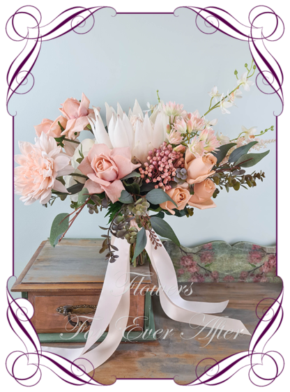 Silk artificial nude champagne blush pink wedding bridal bouquet flowers. Native Australian silk wedding florals, unusual romantic realistic fake wedding flowers. Made in Melbourne Australia. Buy online..
