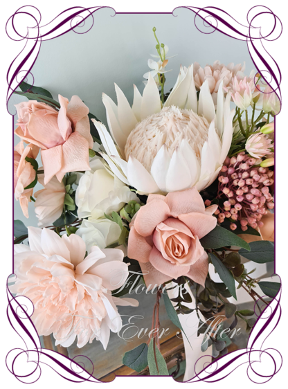 Silk artificial nude champagne blush pink wedding bridal bouquet flowers. Native Australian silk wedding florals, unusual romantic realistic fake wedding flowers. Made in Melbourne Australia. Buy online..