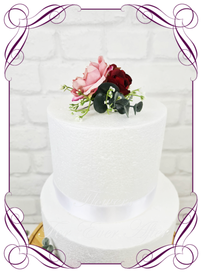 Silk artificial wedding engagement birthday cake flowers decoration. Native Australian dusty pink and burgundy floral cake design. Made in Melbourne. Buy online