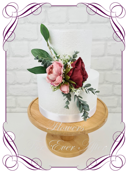 Silk artificial wedding engagement birthday cake flowers decoration. Native Australian dusty pink and burgundy floral cake design. Made in Melbourne. Buy online