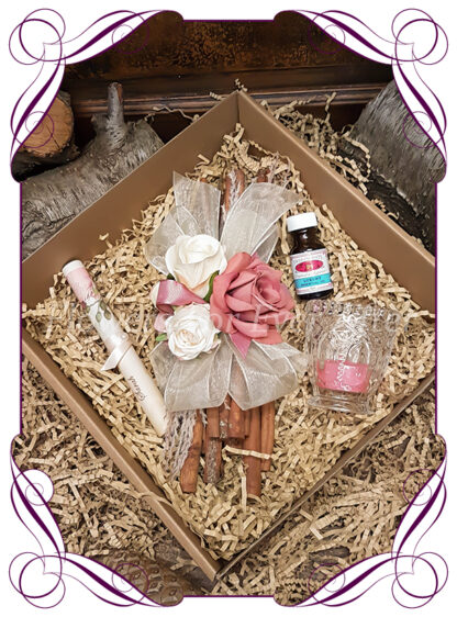 Floral Cinnamon Stick Bundle Hamper, add your own gifts to your custom created floral cinnamon sticks. Choose from our huge range of silk wedding flower designs for the perfect colours and styles in the highest quality artificial flowers.Made in Melbourne by australias best wedding florist.