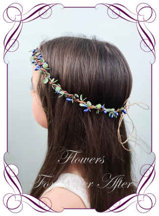 Silk artificial faux royal blue and green hair halo / crown design. Dainty sweet simple hair crown wreath for flowergirl, bridesmaid bride, bridal hair ideas. Made in Melbourne by Australia's best wedding florist. Buy online.