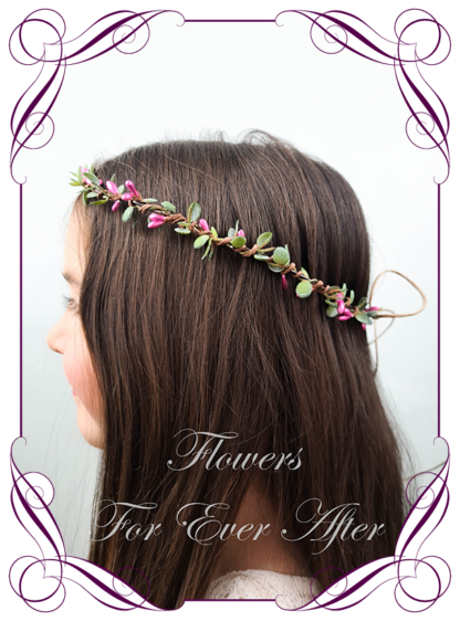 Silk artificial faux pink and green hair halo / crown design. Dainty sweet simple hair crown wreath for flowergirl, bridesmaid bride, bridal hair ideas. Made in Melbourne by Australia's best wedding florist. Buy online.