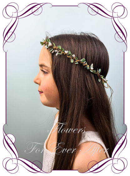 Silk artificial faux ivory white and green hair halo / crown design. Dainty sweet simple hair crown wreath for flowergirl, bridesmaid bride, bridal hair ideas. Made in Melbourne by Australia's best wedding florist. Buy online.