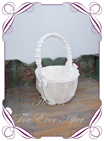 White satin flower girl wedding basket for petals, confetti and scatters. Buy online. Located in Melbourne Australia