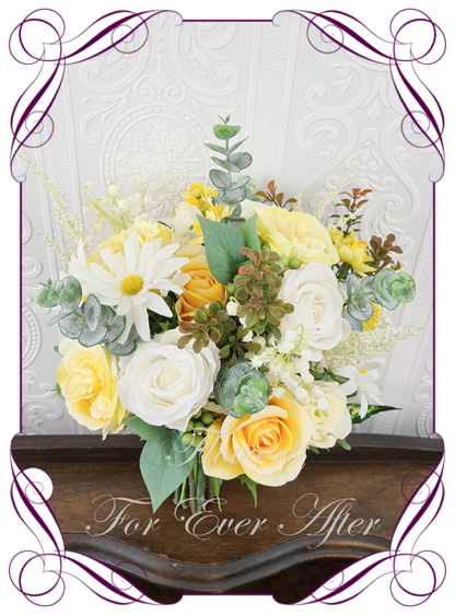 Silk artificial yellow ivory daisy wedding bridal bouquet flowers. Native Australian silk wedding florals, unusual romantic realistic fake wedding flowers. Made in Melbourne Australia. Buy online..